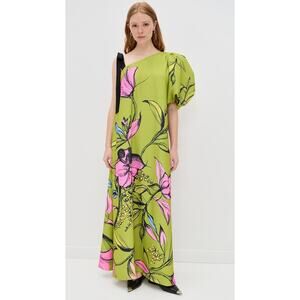 STINE GOYA Green Pencil Garden One Sleeve Maxi Dress with Bow Strap Gown sz M